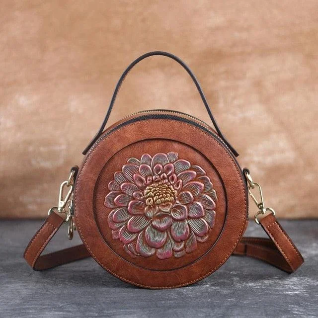 Handle bags with bold text for statements -Vintage Embossed Small Round Bag, Shoulder Messenger Bag, Zipper Large-capacity Handbag