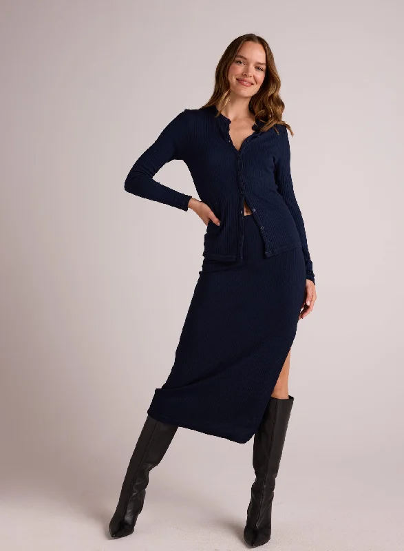 Off-shoulder Dresses for Feminine -Clean Waist Knit Skirt with Side Slit - Navy Storm