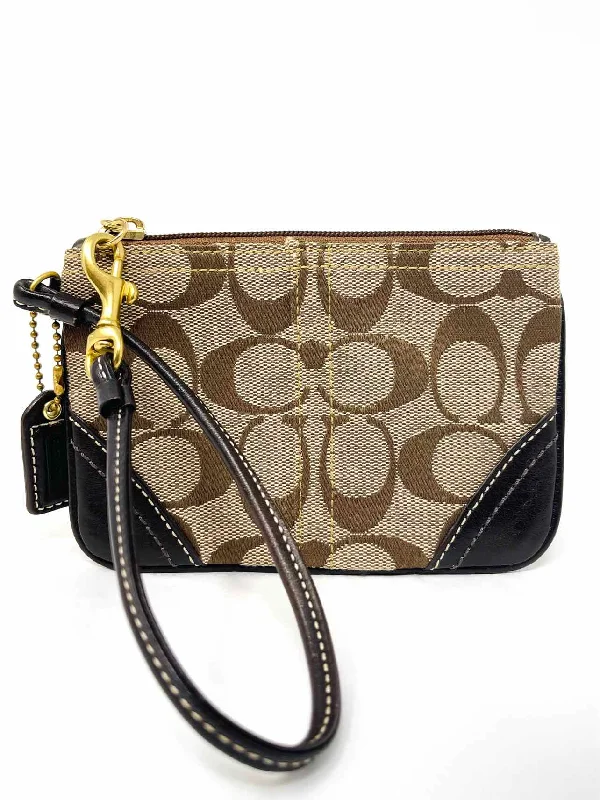 Handle bags with reinforced stitching for durability -Coach Tan/Brown Signature Fabric/Leather Designer Wristlet