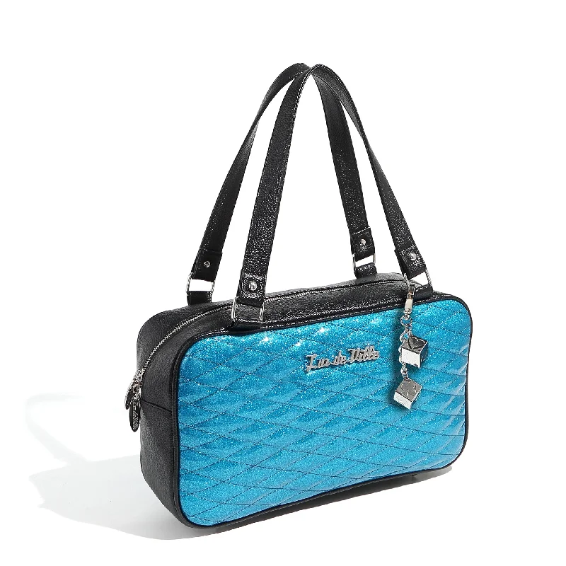 Handle bags with bold checks for trend -Black and Villain Blue Sparkle Speedster Tote