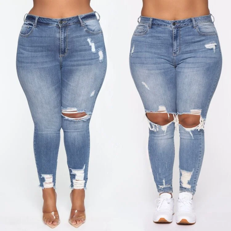 Metal Button Jeans for Classic -Stretch Ripped Women Plus Size Jeans Plus Size Jeans