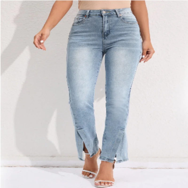 Maxi Skirt Jeans for Elegant -Commuter Split Straight Pants Fashionable Stretch Washed Jeans