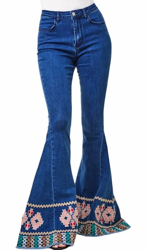 Denim tight trousers for women with skinny fit and timeless blue wash -Embroidered Denim Bell Bottom In Blue