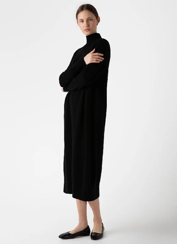 Off Shoulder One-piece Dress for Sexy -Women's Lambswool Funnel Neck Dress in Black