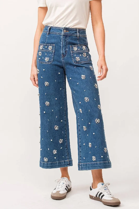 Casual Friday Jeans for Relaxed -Audrey High Rise Cropped Wide Leg Jeans Embellished In Medium Wash