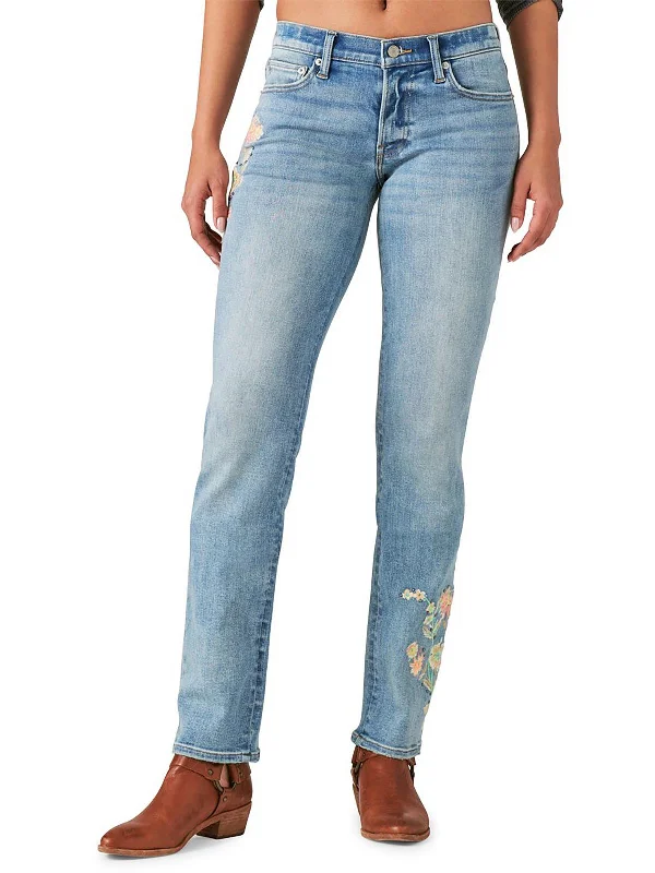 Camping Jeans for Wilderness -Womens Floral Embroidered Straight Leg Jeans