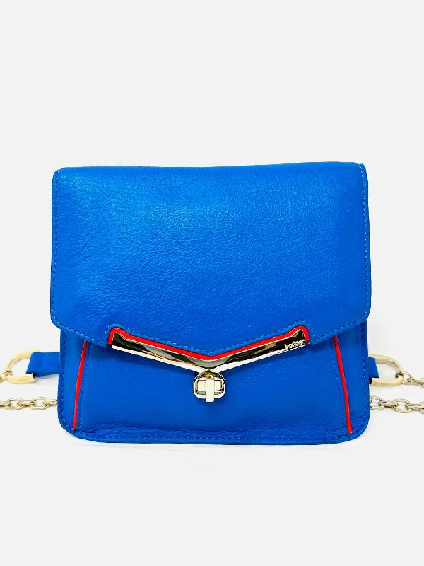 Handle bags with bright accents for pop -Blue/Gold Chain Leather Designer Crossbody Purse