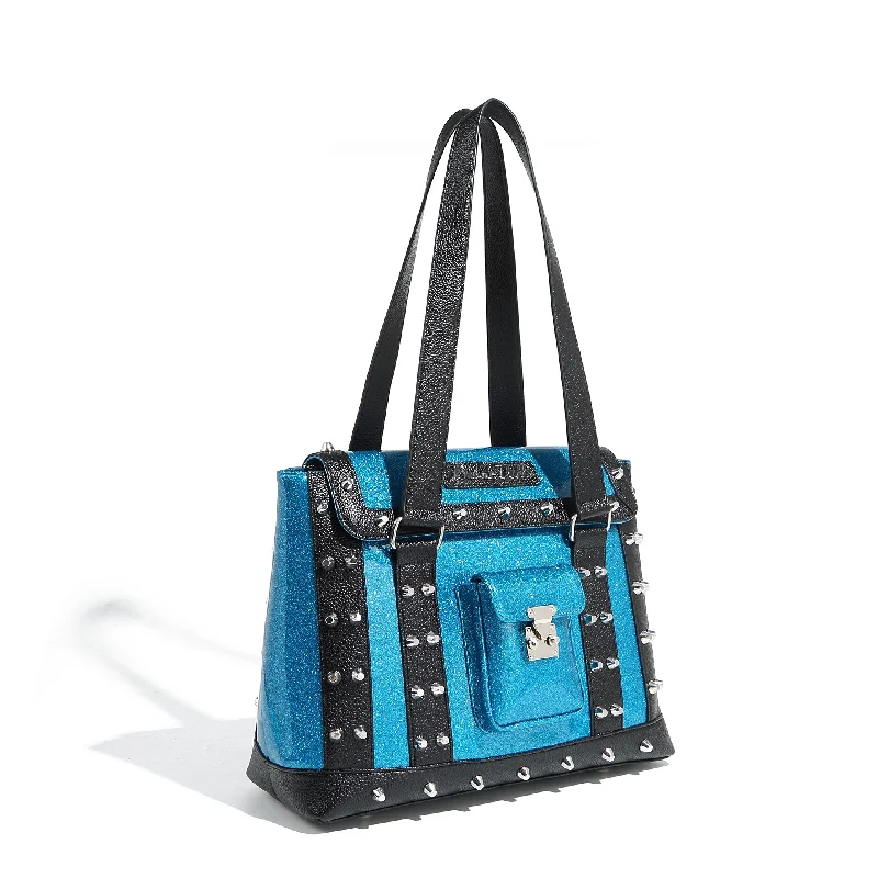 Handle bags with metallic finishes for shine -Villain Blue Sparkle and Black Weekender Tote Medium