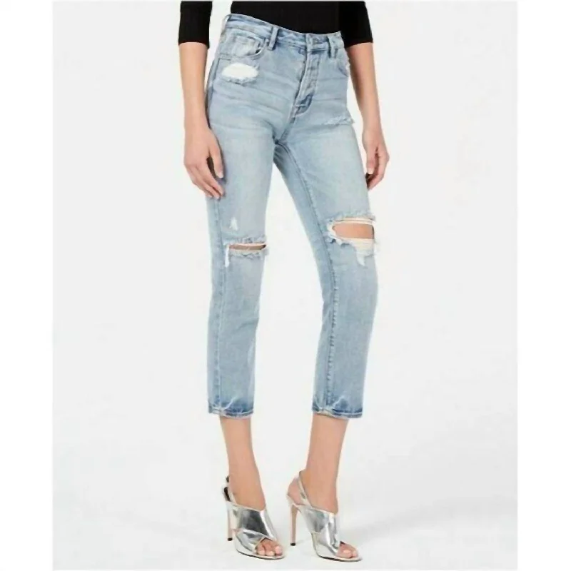 Tight trousers for women with vertical stripes and slimming effect for a sleek look -The Icon Distressed Boyfriend Crop Ripped Jeans In Blue