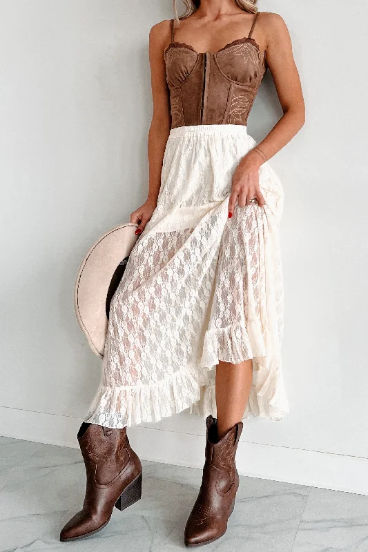 Ruffled Dresses for Girly -Wanderlust And Wildflowers Lace Midi Skirt (Cream)