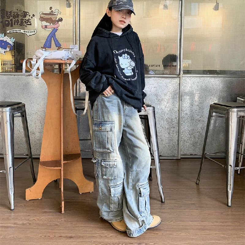 Acid Wash Jeans for Vintage -Street Work Design Jeans Pocket Stitching Wide-leg Pants Women