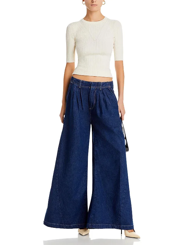 Rolled Shorts Jeans for Style -Womens High Rise Pleated Wide Leg Jeans