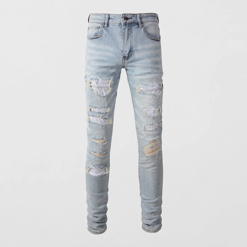 Wedding Jeans for Casual -Light Colored Hot Diamond Patch With Holes In Elastic Tight Jeans For Men