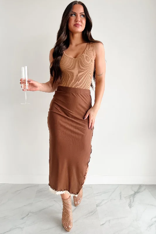 Leather Dresses for Luxury -Don't Take It Personally Layered Mesh Midi Skirt (Brown)