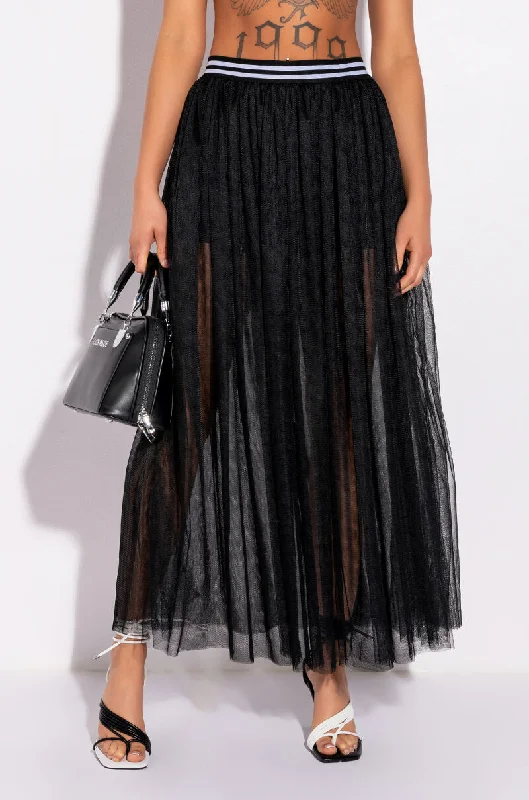 Satin Dresses for Shiny Look -OFF DUTY MESH MAXI SKIRT