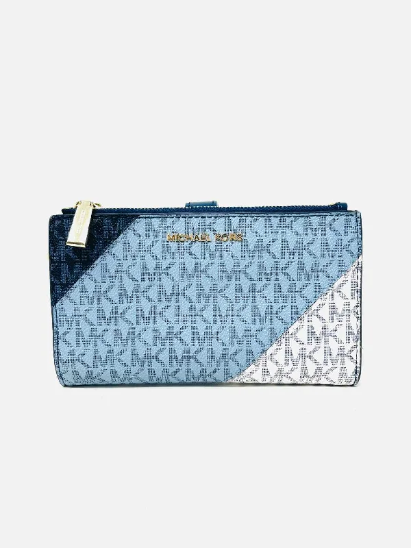 Quilted handle bags with stylish textured finish -Michael Michael Kors Blue/White Signature Leather Designer Wristlet