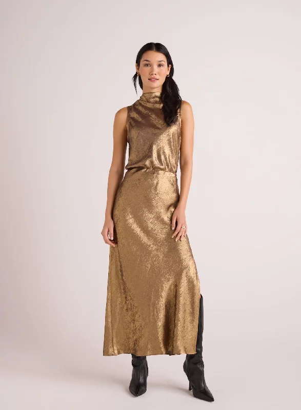 Floral Dresses for Romantic -Side Slit Bias Maxi Skirt - Gold Metallic