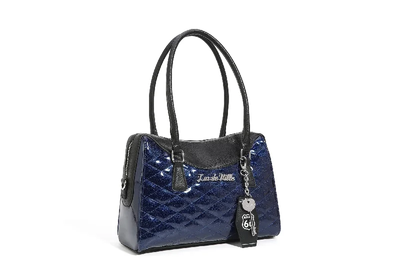 Handle bags with vegan suede for softness -Black and Royal Blue Sparkle Route 66 Tote