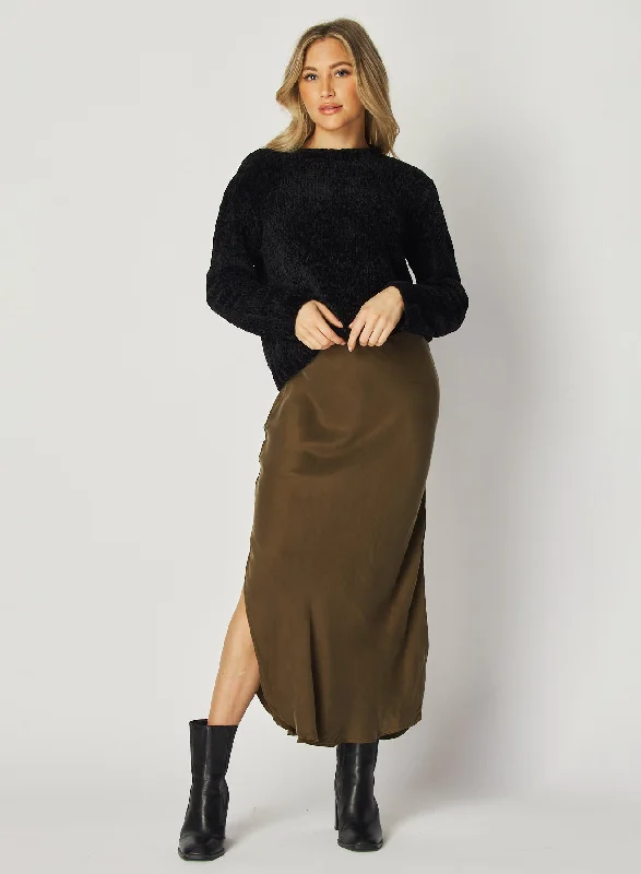 Silk Dresses for Luxurious -Asymmetric Side Slit Bias Skirt - Autumn Olive