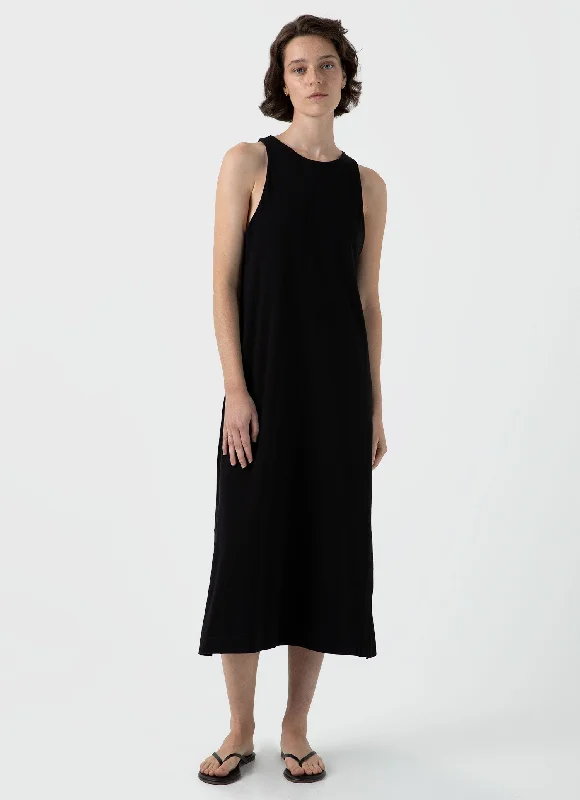 A-line One-piece Dress for Flattering -Women's Jersey Midi Dress in Black