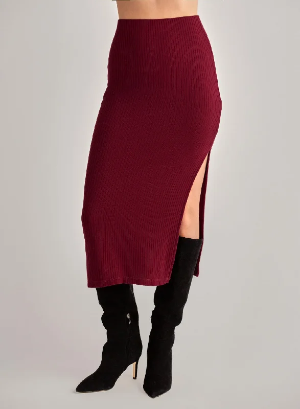 Strapless Dresses for Glamorous -Clean Waist Knit Skirt with Side Slit - Deep Merlot