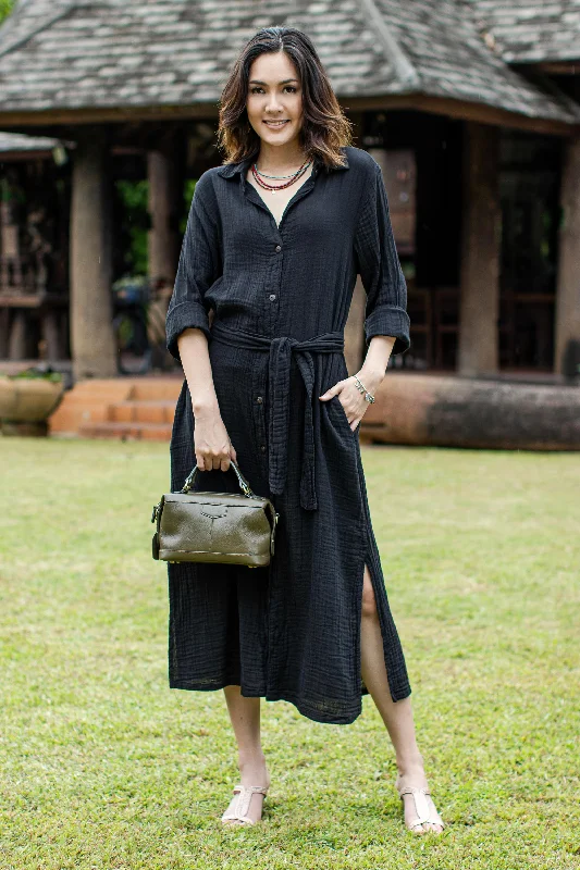 Sleeveless One-piece Dress for Coolness -Street Smarts in Black Black Belted Cotton Shirtwaist Dress from Thailand