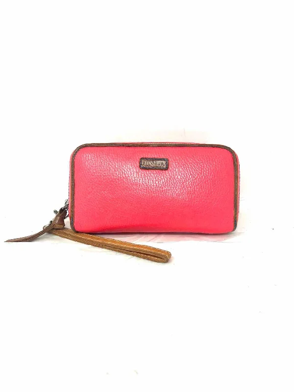 Handle bags with padded handles for comfort -Consuela Coral/Tan Pebbled Leather AS IS Designer Wristlet