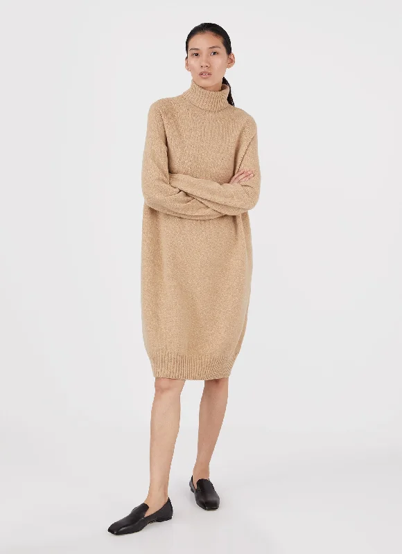 Sleeveless One-piece Dress for Coolness -Women's Lambswool Roll Neck Dress in Light Camel