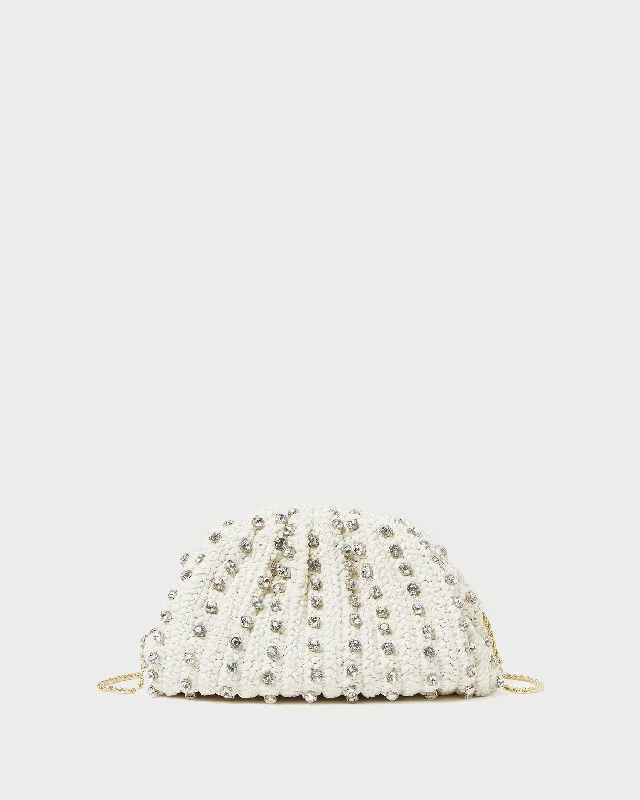 Handle bags with playful pom-poms for charm -Bailey White/Crystal Dome Clutch