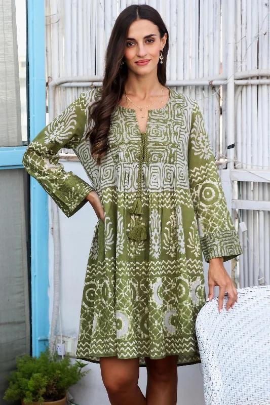 One-piece Dress for Casual Gathering -Cool Green Screen Printed Embroidered Cotton Dress