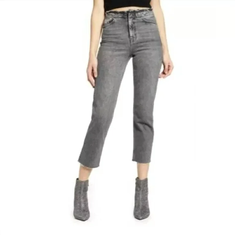 Flare Jeans for Retro Vibe -High Rise Raw Hem Cropped Straight Leg Jeans In Grey