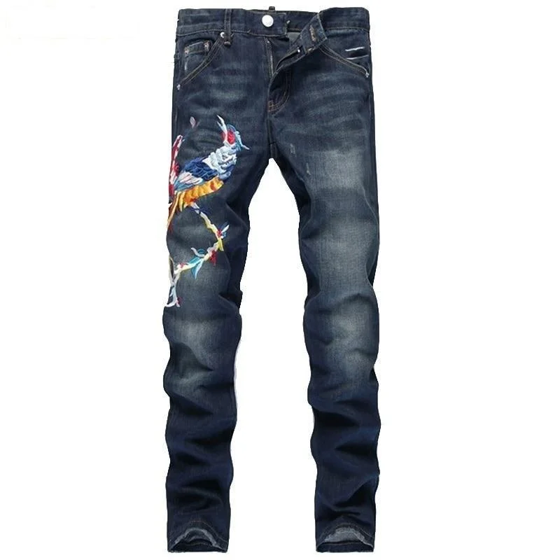 Party Jeans for Night Out -Slim Straight Men's Jeans Fashion Denim Pants with Bird Embroidery