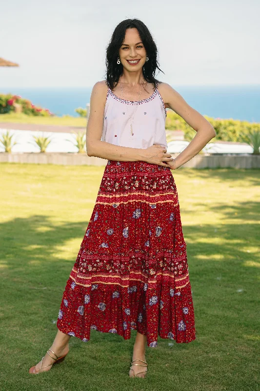 Wool One-piece Dress for Warmth -Poppy Garden Floral Rayon Skirt in Poppy Crafted in Thailand