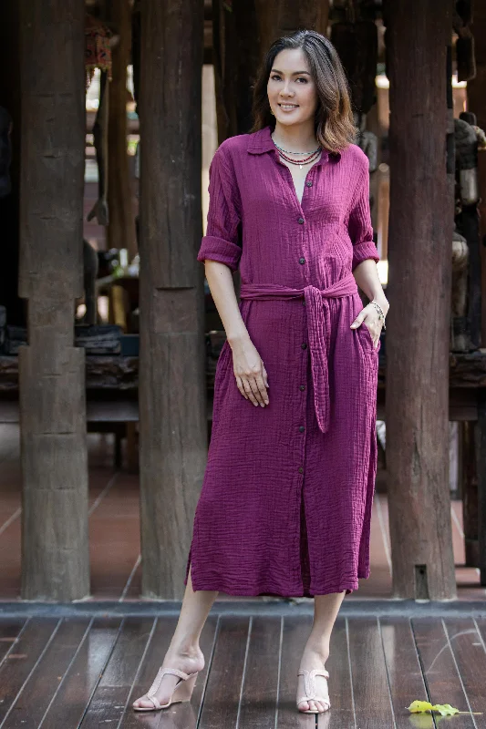 Ball Gown One-piece Dress for Grand -Street Smarts in Maroon Handmade Belted Cotton Shirtwaist Dress from Thailand