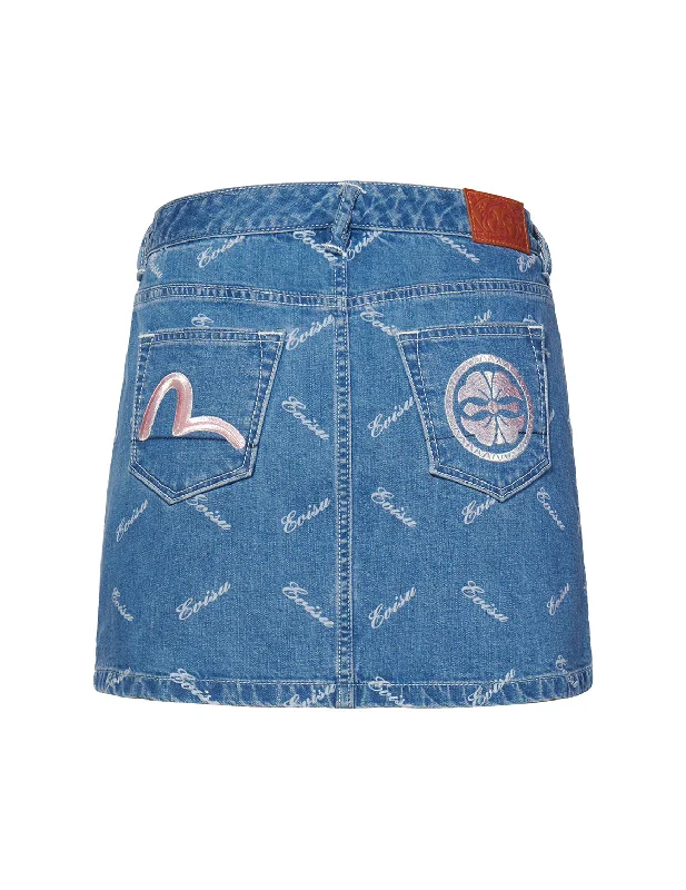 One-piece Dress for Garden Party -Allover Discharged Logo Print Denim Skirt