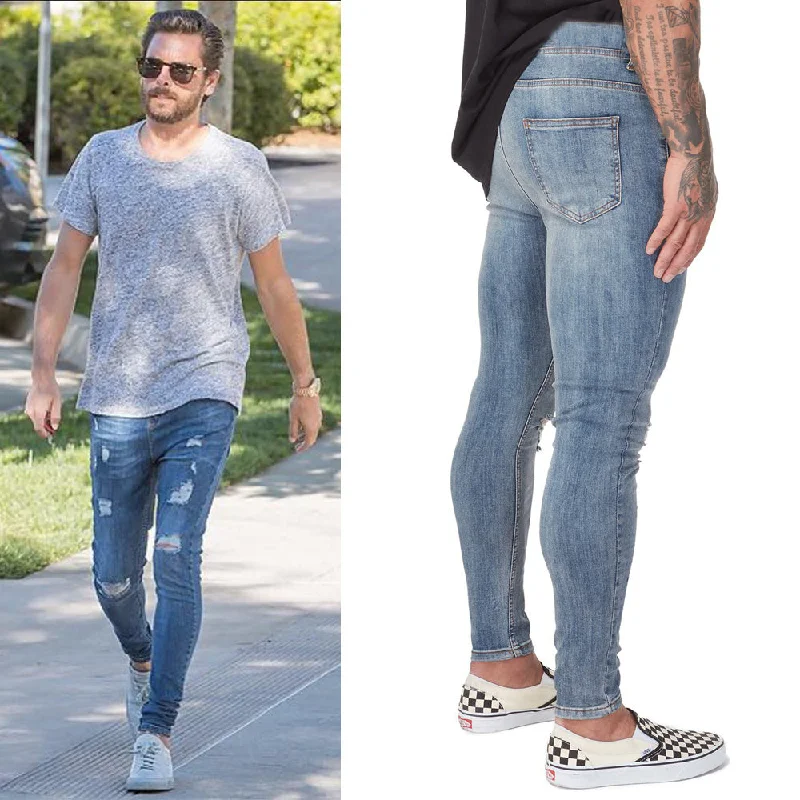 Weekend Jeans for Lazy -Skinny Stretch Men Washed Ripped Biker Jeans | Fashion Denim