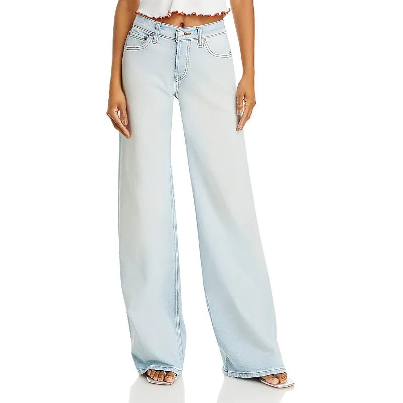 Womens Pocket Button Wide Leg Jeans