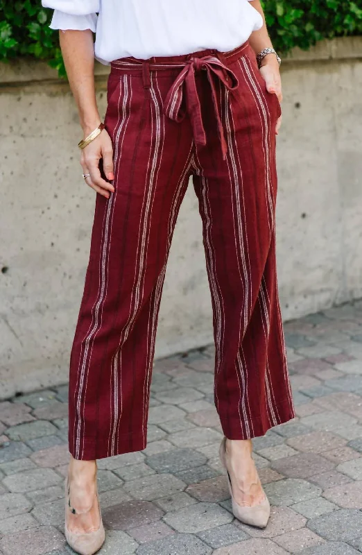 Tailored stretch tight trousers for women with comfortable waistband and flattering design -Inland Sashed Crop Pant In Henna Stripe