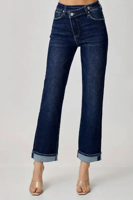 Mini Skirt Jeans for Flirty -Mid Rise Cross Over Straight Leg Jeans In Medium Blue