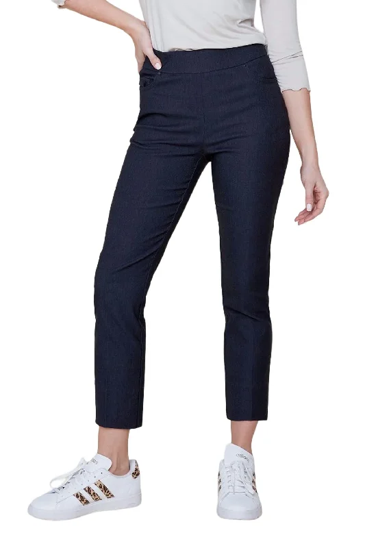 Black leather tight trousers for women with sleek, glossy finish for night out -Slim Pant In Indigo