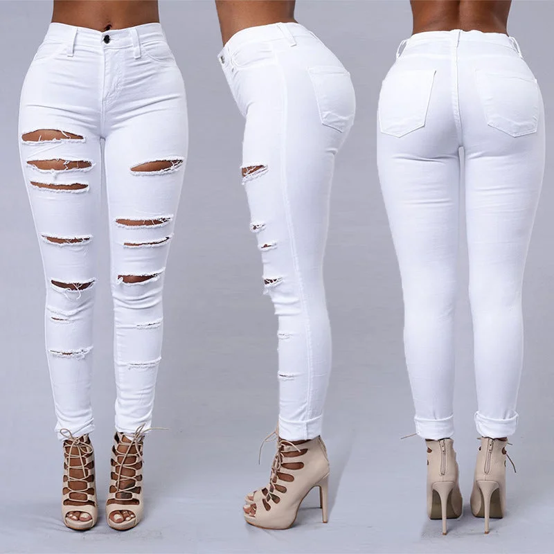 Zipper Fly Jeans for Convenience -Ripped Jeans Women Skinny Trousers Casual High Waist Pencil Pants