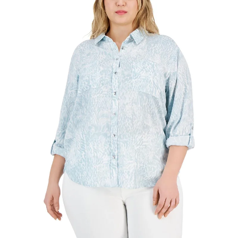 Zipper Fly Jeans for Convenience -Calvin Klein Jeans Womens Plus Printed Collared Button-Down Top