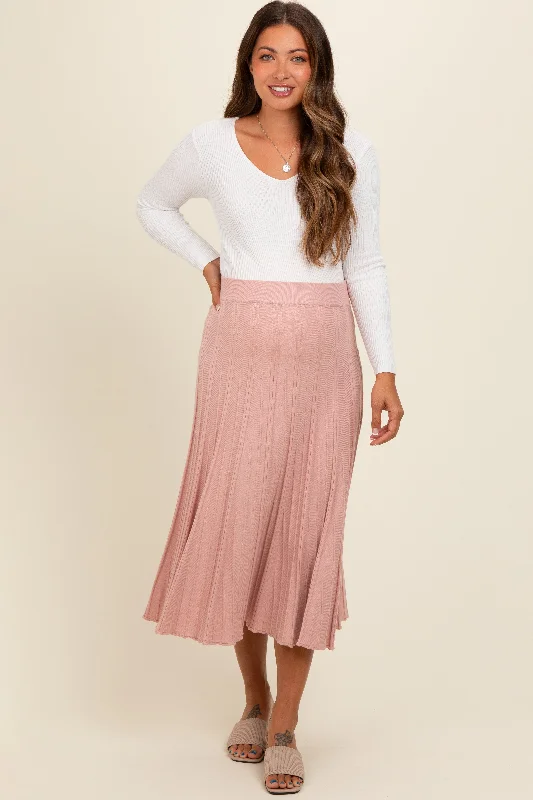 One-shoulder Dresses for Trendy -Mauve Ribbed Knit A-Line Midi Maternity Skirt