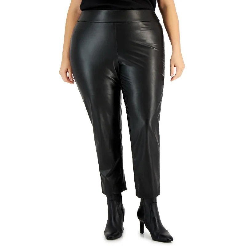 Tight trousers for women with decorative buttons and flattering silhouette for day wear -Plus Womens High Rise Faux Leather Ankle Pants