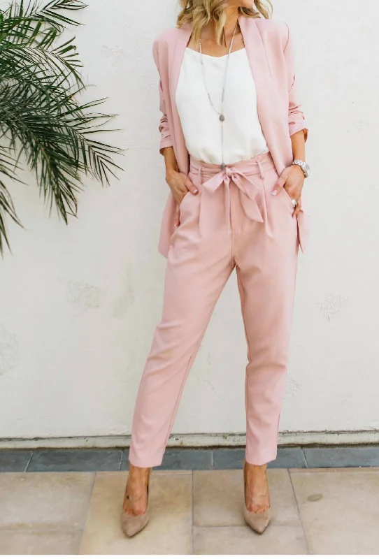 High-waisted tight trousers for women with elastic waistband for added comfort -High Waist Tie Front Trouser In Blush