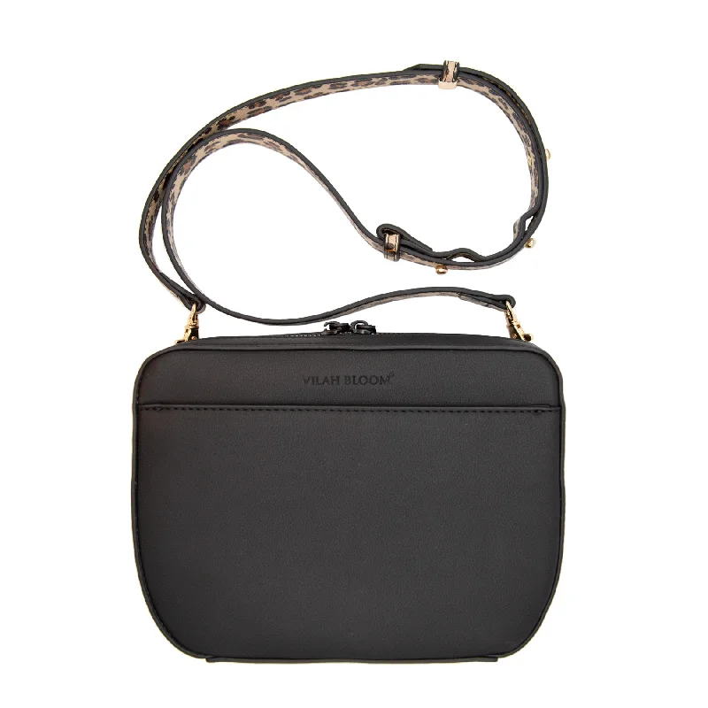 Handle bags with side pockets for organization -3-n-1 Crossbody- Matte Black w/Modern Leopard Strap