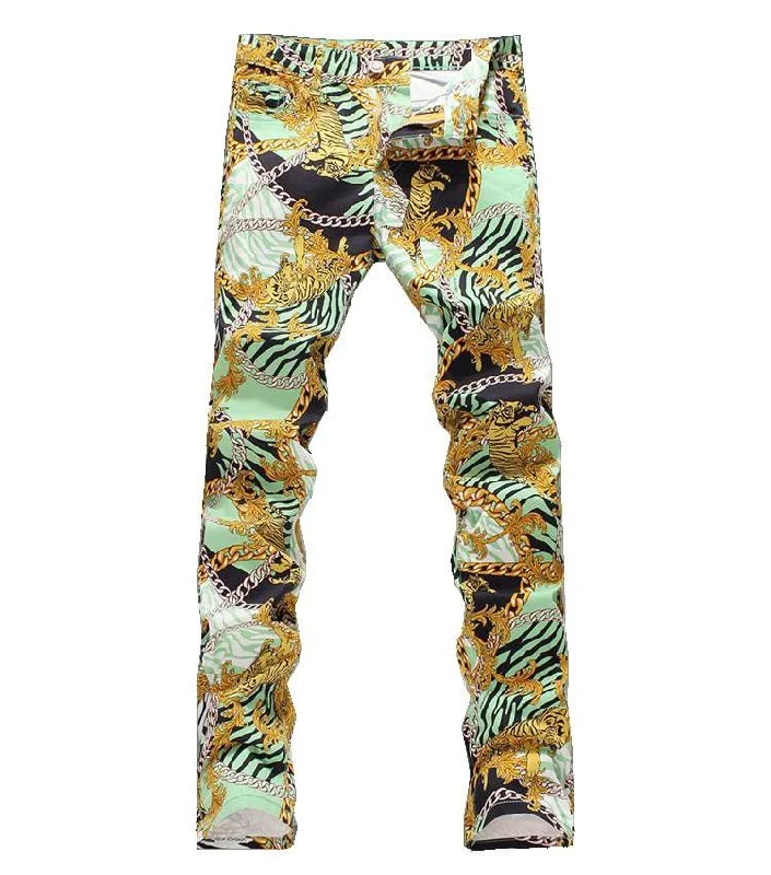 Anniversary Jeans for Special -Men's Fashion Thin Slim Fit Denim Jeans Tiger Chain Print Trousers