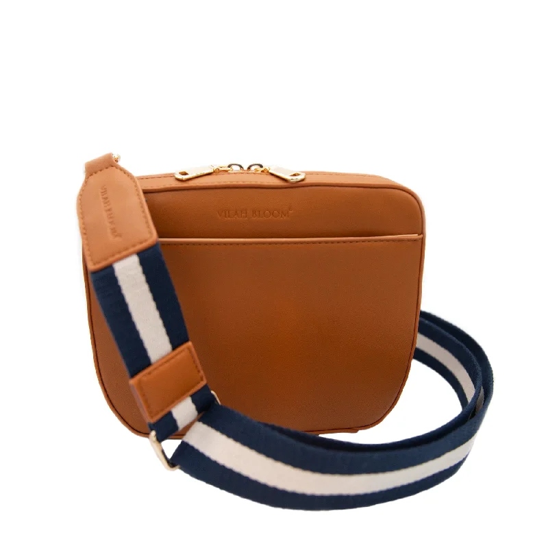 Vegan leather handle bags for eco-friendly chic -3-n-1 Crossbody- Cognac w/Navy & Cream Strap