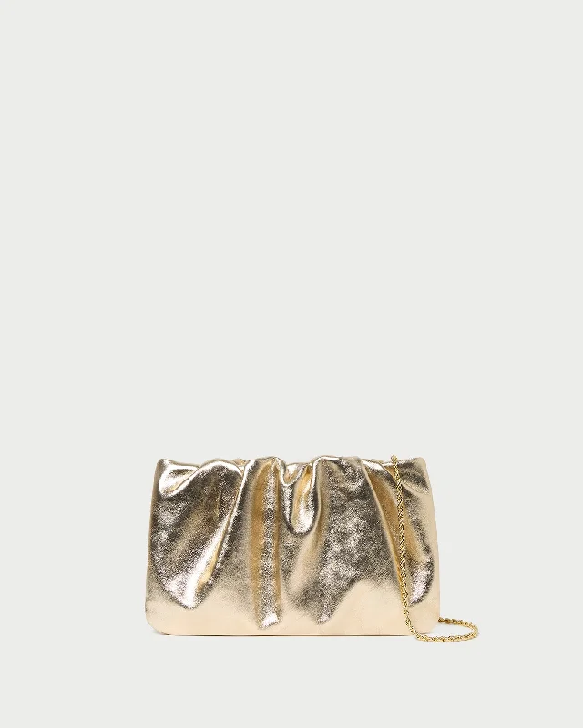 Handle bags with expandable sides for flexibility -Serena Champagne Gathered Leather Clutch