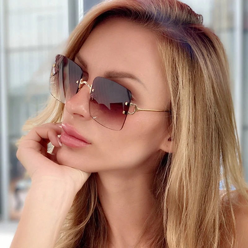 Plastic Framed Glasses for Comfortable -Women's Chic Metal Brown Gradient Cat Eye Fashion Rimless Square Sunglasses